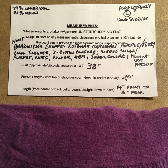 CHADWICK’S Cropped Cutaway “Fuzzy Sweater” Cardigan, Purple, NWOT, Size Large - Picture 8 of 8